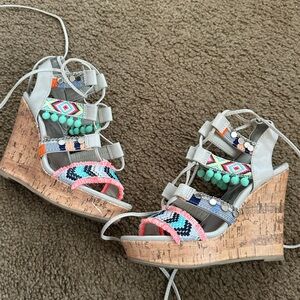 Madden Girl Boho Embroidered Cork Wedge Sandals in Silve with Multicolor Accents